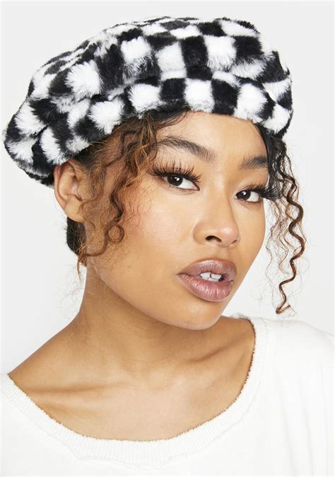 Faux Fur Checkered Print Beret Dolls Kill