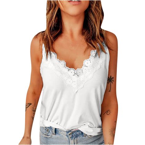 Dasayo Women Spaghetti Strap Camisoles Lace Trim V Neck Tank Top