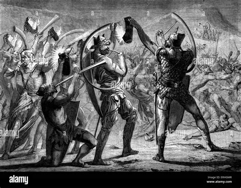 Gideon attacking the Midianites - illustration of Gideon and his followers suprising the army of ...