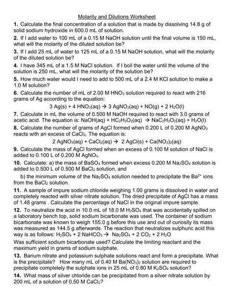 Dilutions And Molarity Worksheet