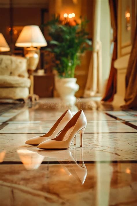 A Pair Of Nude Colored Shoes Sitting On A Marble Floor Generative AI