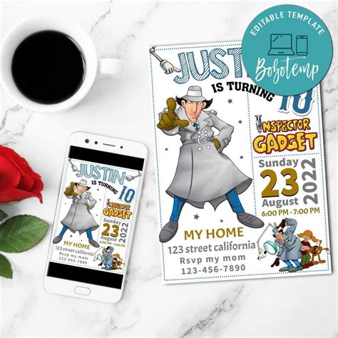 White Inspector Gadget Birthday Invitation Customizable Template Bobotemp