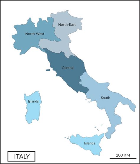 Map Of Italy With Five Regions On Colorful And White Background