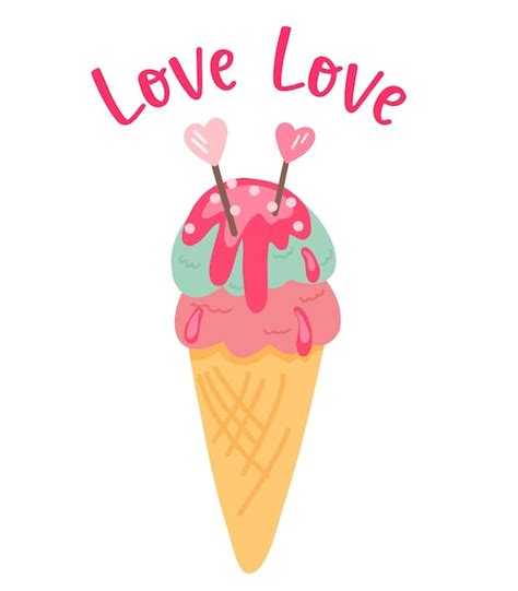 Ilustración de helado en un cono rosa y menta corazones de caramelo con