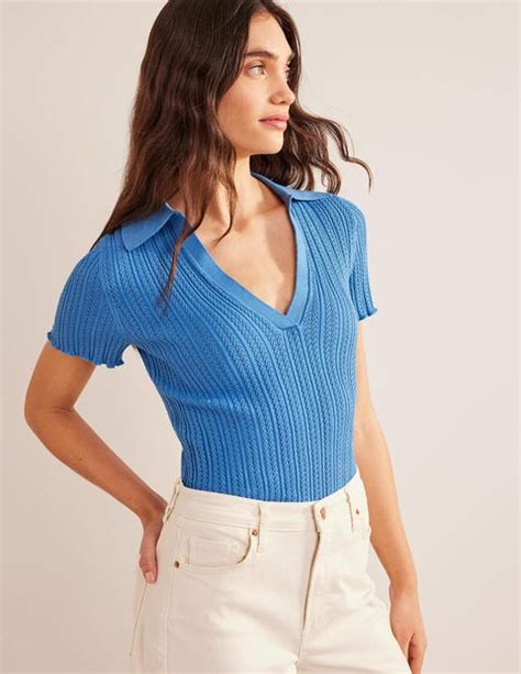 Ribbed Pointelle Collared Top Porcelain Blue Boden Uk