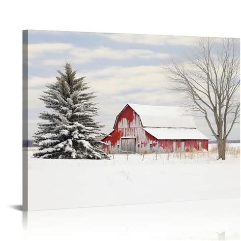 Comio Winter Scenes Pictures Old Red Barn Canvas Wall Art Winter House