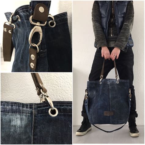 Large Waxed Denim And Leather Tote Bag Market Bag Etsy