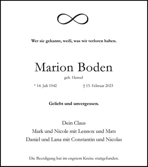 Traueranzeigen Von Marion Boden Trauer In NRW De