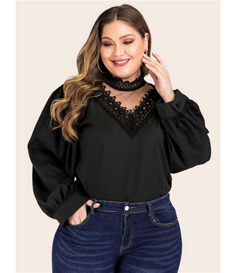 Plus Size Lantern Sleeve Mesh Insert Lace Spliced Blouse