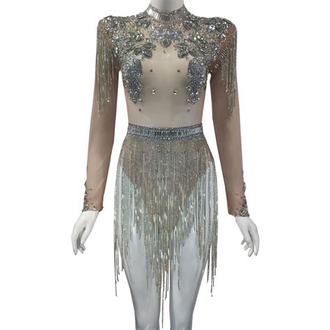 Shining Big Crystals Mesh Sexy Bodysuit Sparkly Rhinestone Fringes