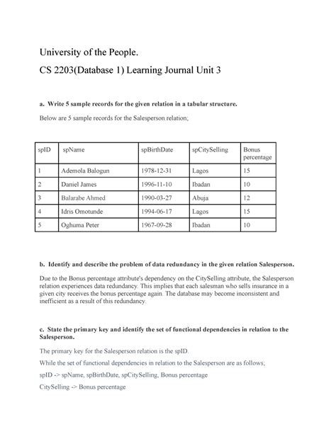 Cs Database Learning Journal Unit University Of The People