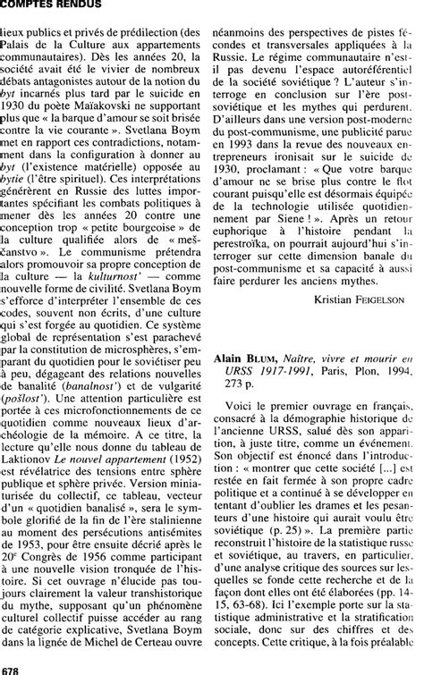 Alain Blum Naître Vivre Et Mourir En Urss 1917 1991 Paris Plon 1994 273 P Annales