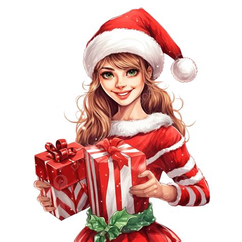 Merry Christmas Happy Attractive Girl With Ts In A Costume Of Santa Claus Helper Elf