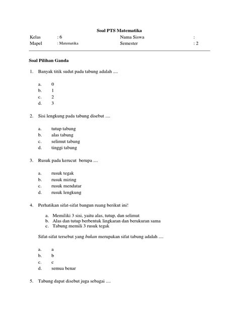 Soal Pts Matematika Kelas 6 Semester 2 Pdf