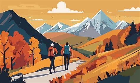 Premium Vector Couple Hiking In Autumn Mountains Autumn Landscape In