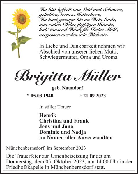 Traueranzeigen von Brigitta Müller trauer in thueringen de