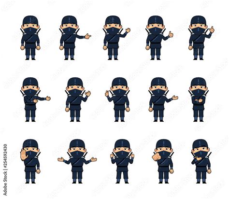 Set of chibi ninja characters showing diverse hand gestures. Funny ...