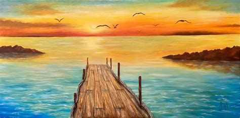 A Painting Of A Dock At Sunset With Birds Flying Over The Water And