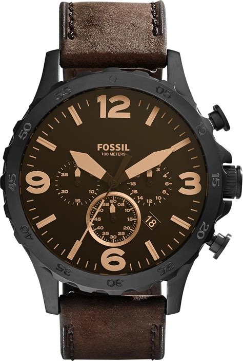 Fossil Mens Nate Quartz Stainless Steel And Leather Chronograph Watch Color Black Dark Brown