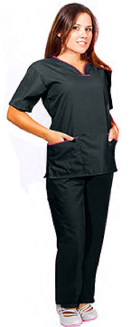 Contrast Scallop Scrub Set In Black Hot Pink With Contrast Piping And