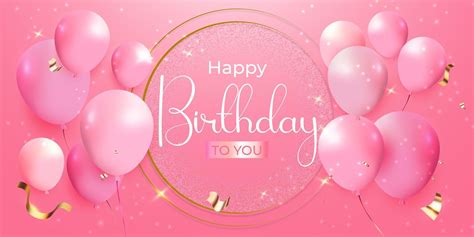 Happy Birthday Greeting Card Celebration With Glossy Balloons And Flying Serpentine On Pink