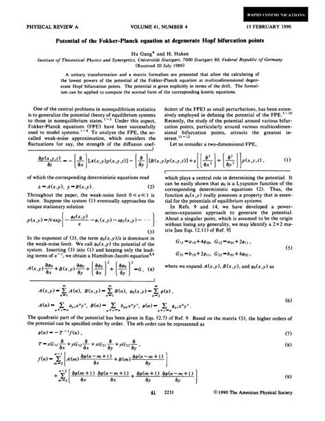 Pdf Potential Of The Fokker Planck Equation At Degenerate Hopf