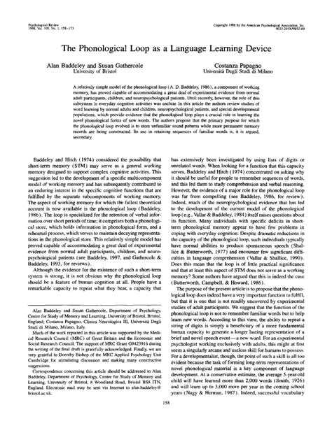 (PDF) The Phonological Loop as a Language Learning Device