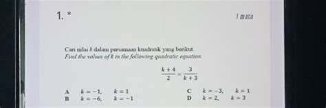 Solved 1 I Mata Cari Nilai Dalam Persamaan Kuadratik Yang Berikut