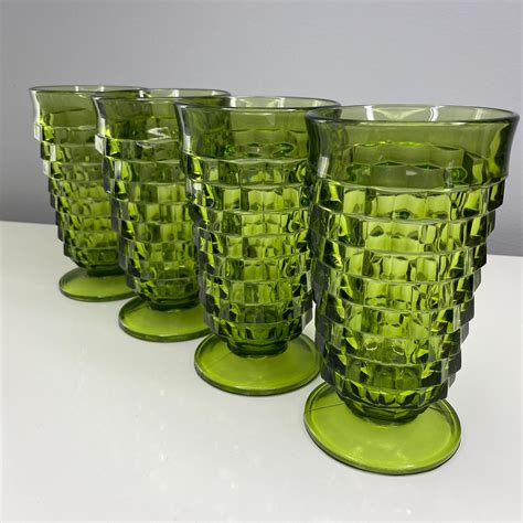 Vintage Indiana Glass Whitehall Pedestal Iced Tea Glasses Green