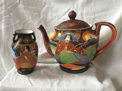 Vintage Moriage Redware Pottery Teapot And Vase Hand Painted Made In