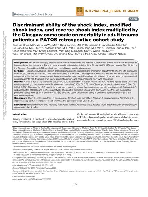 Pdf Discriminant Ability Of The Shock Index Modified Shock Index