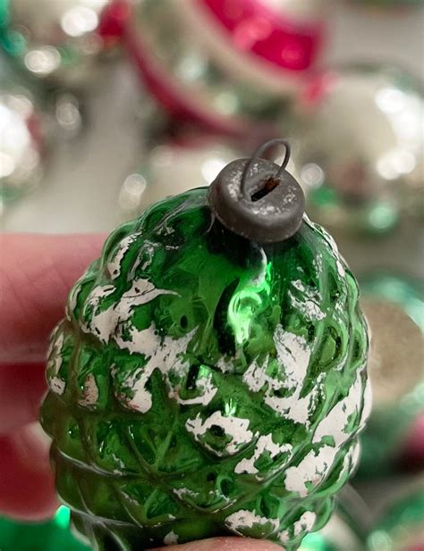 Vintage Green Glass Ornaments Mixed Lot Of 25 Green Silver Tone Christmas Tree Decor Shiny Brite