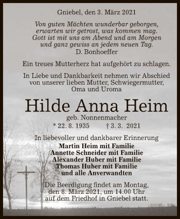 Traueranzeigen Von Hilde Anna Heim Trauer Gea De