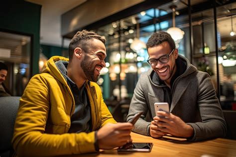 Premium Ai Image Two Men Laughing While Looking At A Cell Phone