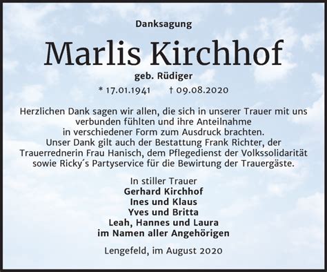 Traueranzeigen Von Marlis Kirchhof Abschied Nehmen De