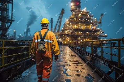 Premium Ai Image An Offshore Oil Rig Worker Walks To An Oil And Gas