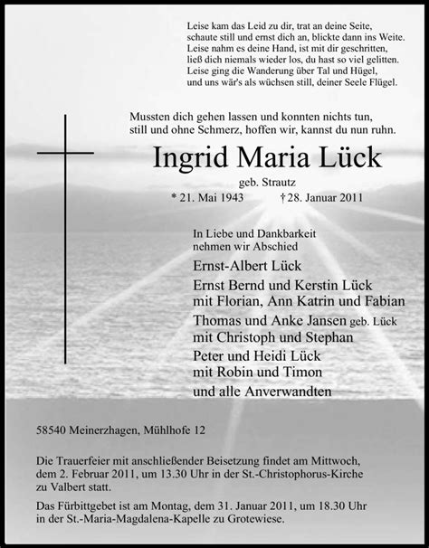 Traueranzeigen Von Ingrid Maria L Ck Trauer In Nrw De