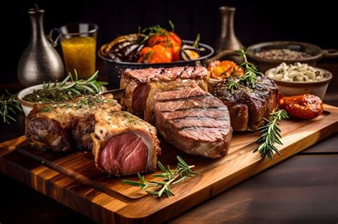 Carnes Gourmet A La Parrilla Sobre Una Tabla De Madera R Stica Foto