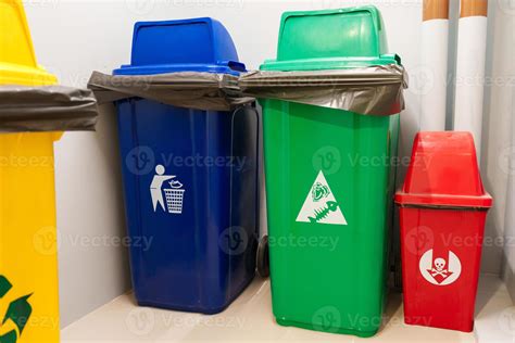 Colorful Trash Dustbin Red Green Blue And Yellow Bin For Hazardous