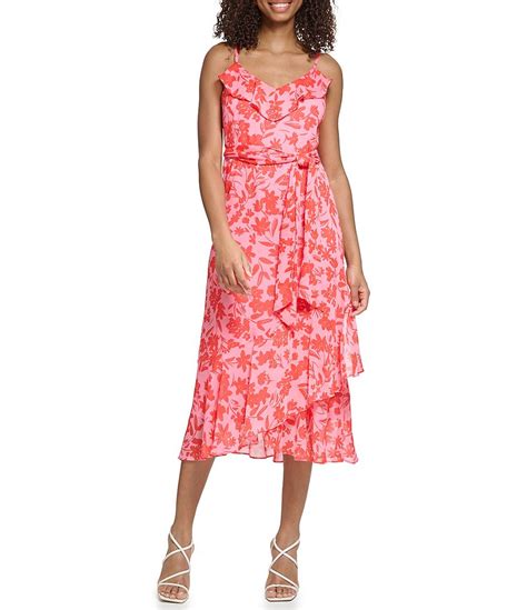 Karl Lagerfeld Paris Floral Sleeveless Ruffle Neckline Midi Dress