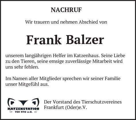 Traueranzeigen Von Frank Balzer M Rkische Onlinezeitung Trauerportal