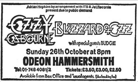 Oct Ozzy Osbourne Budgie At Hammersmith Odeon London