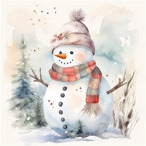 Aquarell Weihnachtskarte Mit Schneemann In Schal Und M Tze Generative