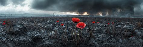 A Desolate Battlefield With Poppy Flowers Growing Among The Charred