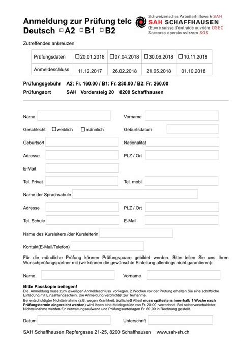 Pdf Anmeldung Zur Prüfung Telc Deutsch A2 B1 B2 Sah · Anmeldung