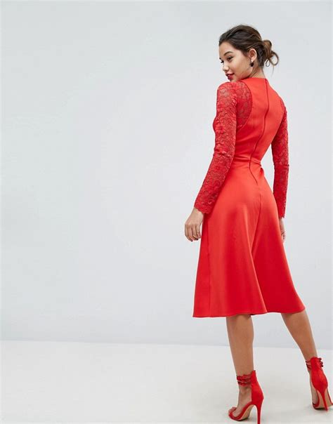 Asos Premium Midi Scuba Skater Dress With Lace Sleeves Red Maxi