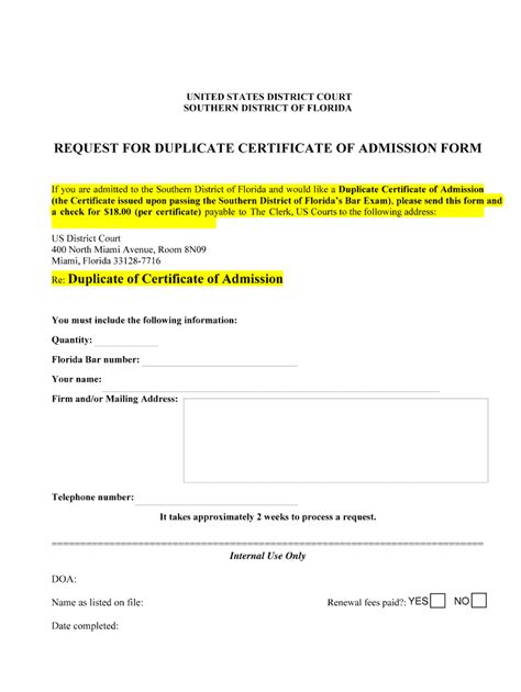 Fillable Online Flsd Uscourts REQUEST FOR DUPLICATE CERTIFICATE OF