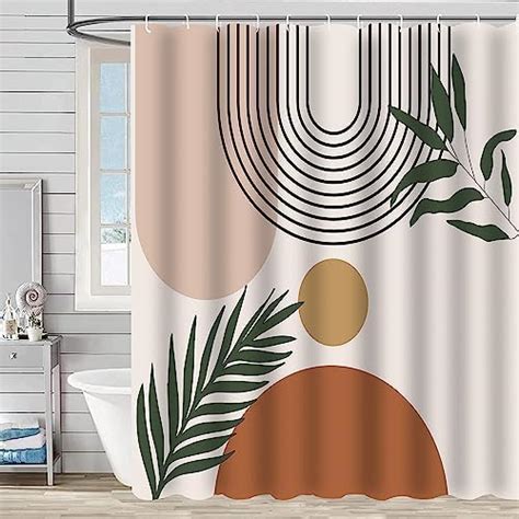 Mid Century Abstract Shower Curtain Boho Arch Sun Beige Modern