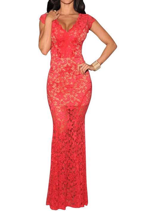 Red Lace Nude Illusion Low Back Evening Dress Azbro