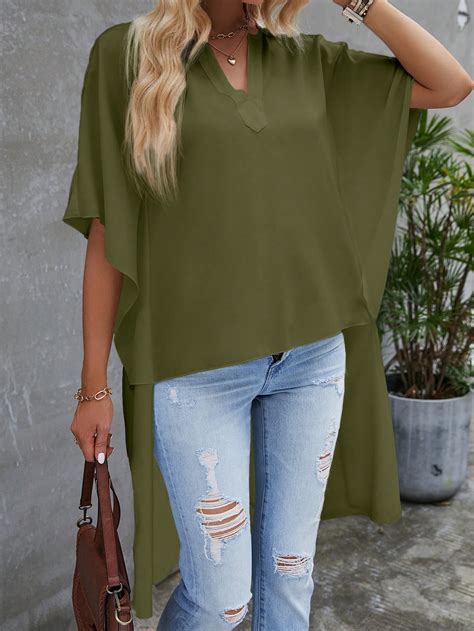 Shein Lune Notched Neck Batwing Sleeve High Low Hem Blouse Shein Usa